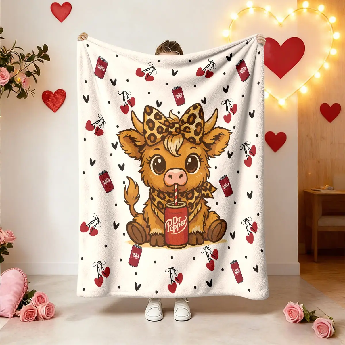leopard print highland cow, love cherry print flannel blanket, Cozy Blanket, skin-friendly, soft, machine washable, suitable for office and home, suitable for all seasons, sofa blanket, bed blanket, Valentine's Day gift, Blanket Gifts