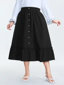 BLOOMCHIC Women's Plus Size Rayon Fabric Midi Skirt - Smooth Lady's Bottom with Pearl Buttons, Pockets, Frill, Flattering Fit, 2026 Summer Pick, Sizes M-6X 2026 Summer Vibes Womenswear Swimweek
