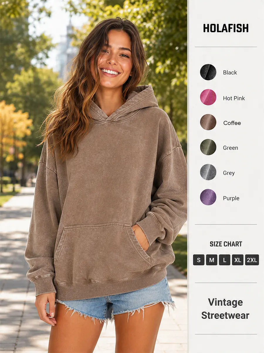 Holafish Retro Acid Wash Hoodie Oversized Hoodies Pullover Women Fall Plain Preppy Hoodie Streetwear Cotton Vintage Hooded Sweatshirt Cute Pullover Fall Winter Long Sleeve Shirts Outfits Hoodies