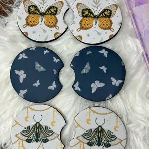 Cute Butterfly, Moth Absorbent Car Coasters Rubber, Set of 2, Non-Slip Base, Boho, Hippie, Peace & Love, Universal Fit,  Gift, Car, Various Styles, Gift For Her, Gift For Him