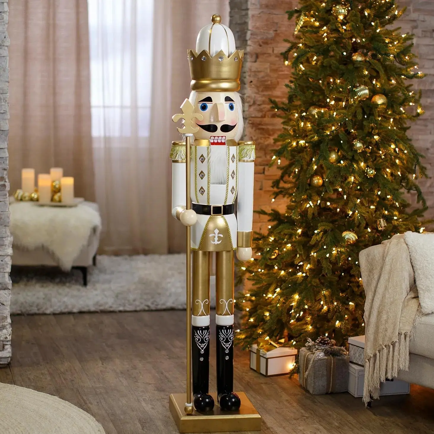 5 Foot Gold Wooden Nutcracker Soldier with Scepter, Large Christmas Decor 5 Foot Gold Wooden Nutcracker Soldier with Scepter, Large Christmas Decor