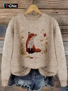 Women's Fox & Leaf Print Drop Shoulder Sweater, Casual Long Sleeve Round Neck Jumper for Fall & Winter, Fashion Ladies' Knitwear for Daily Wear, Tops, Womenswear
