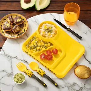 3-Piece Children's Tableware Set - Car-Themed Divider Plate, Fork, and Spoon - Fun Dining Solution for Kids with Bright Yellow Color and Car Flags