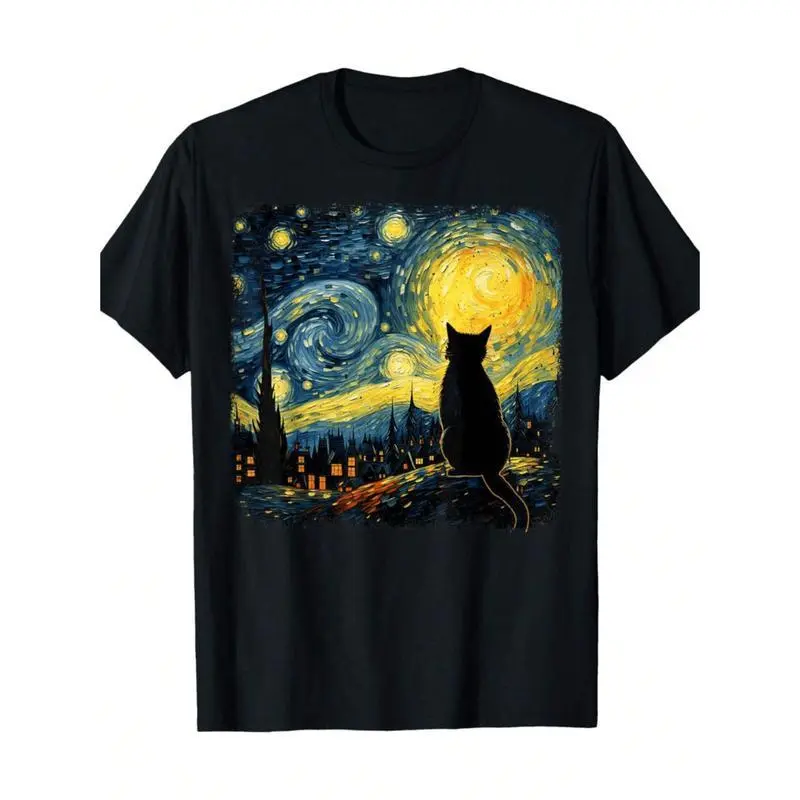 graphic tees Cotton Cat Starry Night Van Gogh Cat Lover Cat Mom Cat Dad T-ShirtCouple Clothing 2025Family T-Shirt Menswear Top Tshirt Streetwear Black Casual Crewneck Print Tropical Shortsleeve Bestie90s graphic tees
