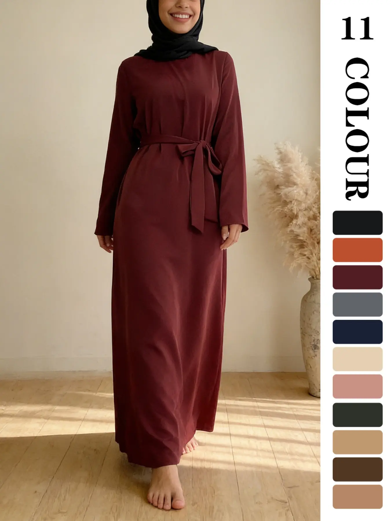 Muslim Sleepwear Dress, Pure Color Nida Fabric Long Skirt [with Pockets] [Waist Belt Included] [11 Colors] [5 Sizes] Modest Dresses Elegant Ramadan Clothing [not included Hijab]