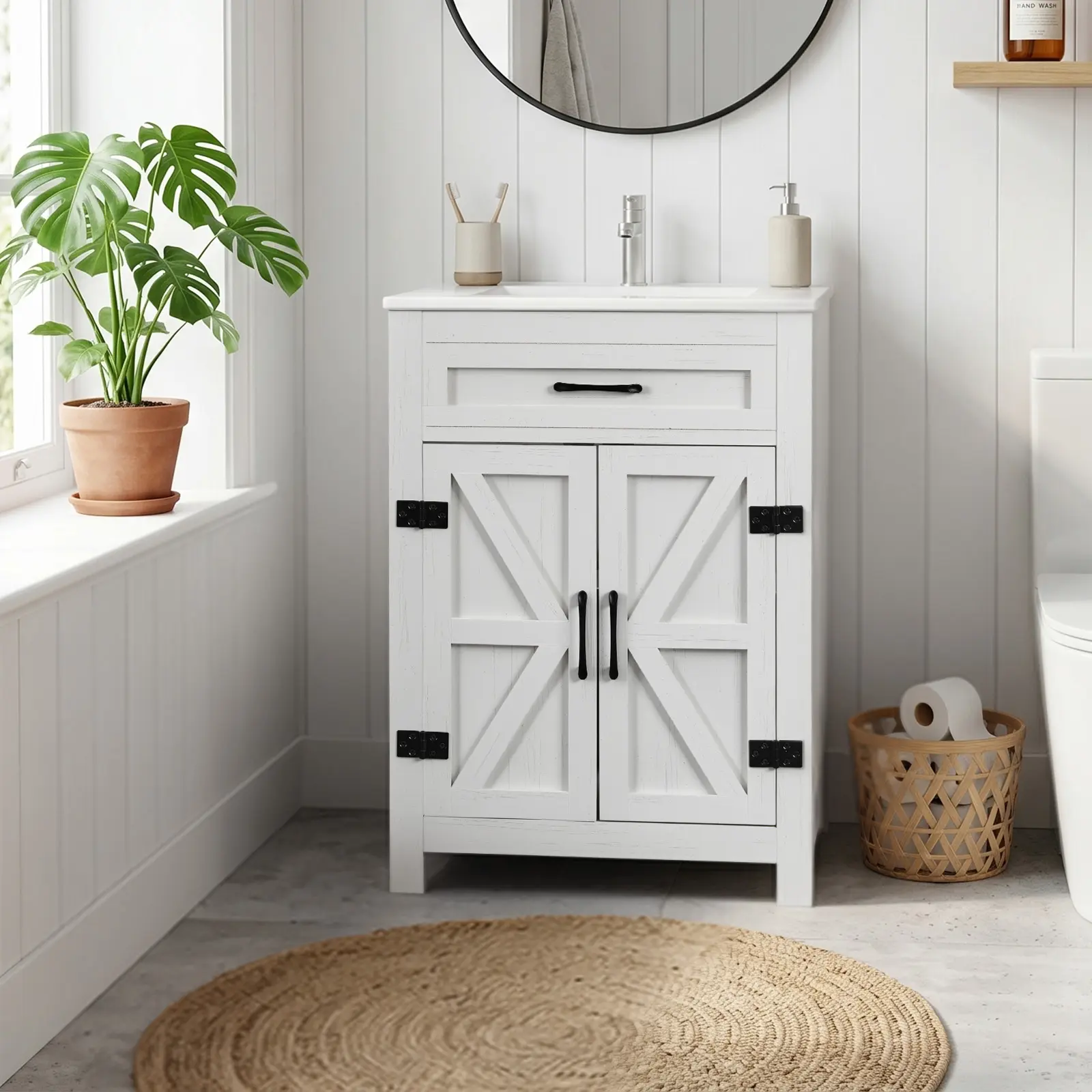 Washbasin Floor Cabinet - Washed White Melamine Veneer Particleboard, Barn Double Doors, U-Shaped Internal Shelves, Under-Sink, Dual-Compartment, Multi-Functional, 61*47*85cm (24in), Under-Sink Floor Cabinets, Dual-Compartment Floor Cabinets