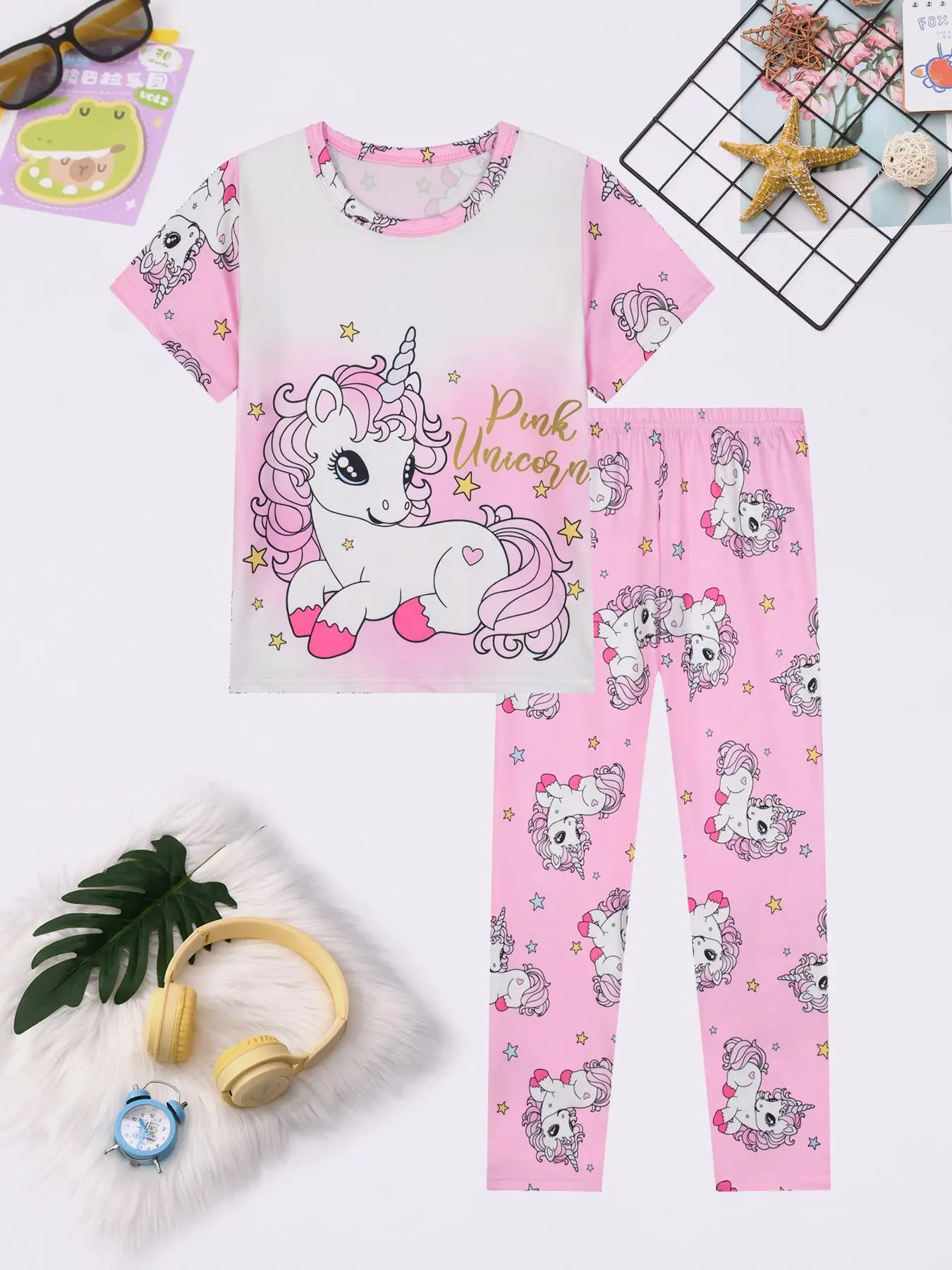 Girl's Unicorn Print Tee & Pants Pajama Two-Piece Set, Round Neck Short Sleeve T-Shirt Pajama Set, Kids Sleepwear for Summer, Cartoon Print Pajama, Cartoon Pattern Pajamas