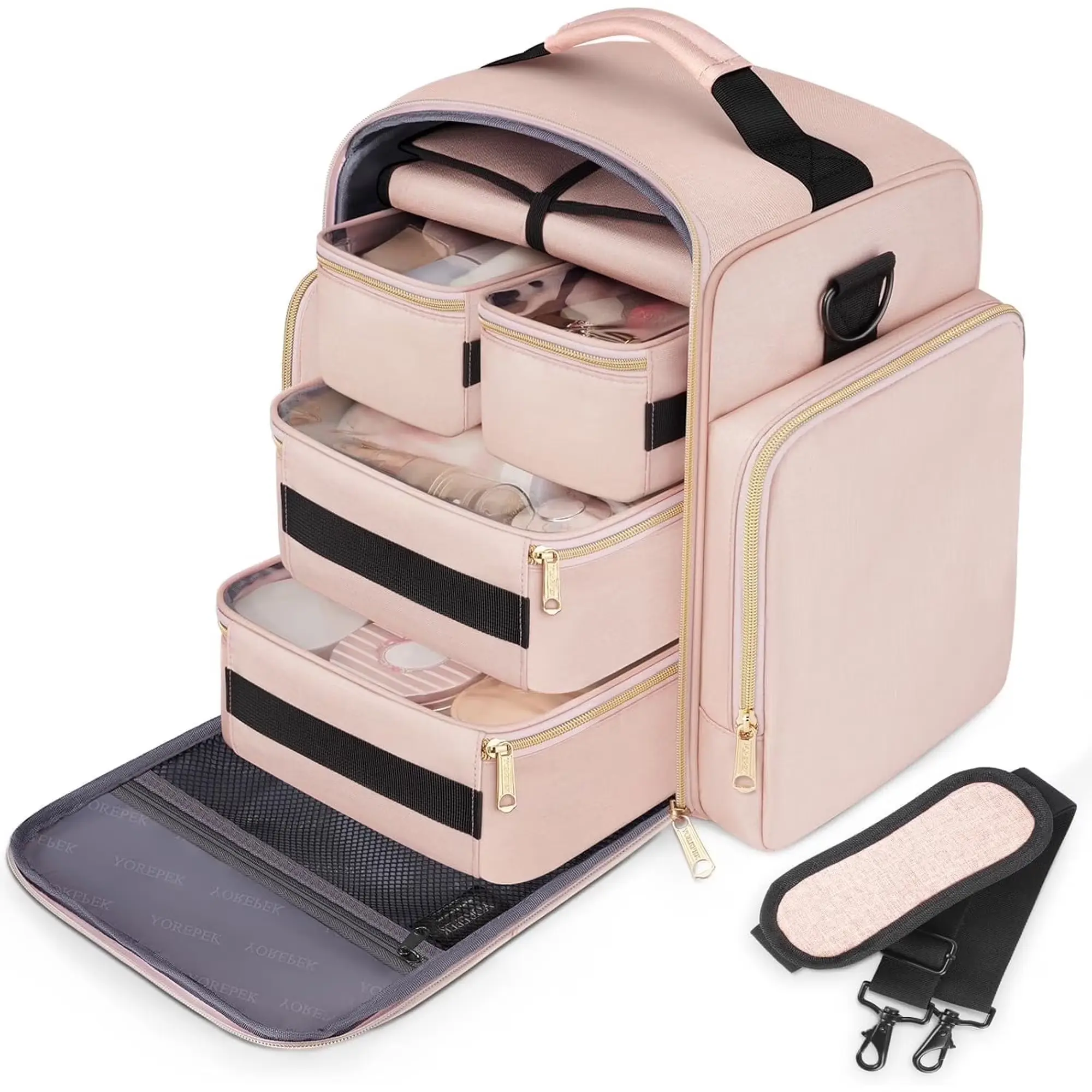 YOREPEK Large Travel Makeup Bag Organizer with 4 Removable Cases, Jewelry Roll, Cosmetic Storage Bag for Toiletries, Skincare, Makeup & Travel Essentials