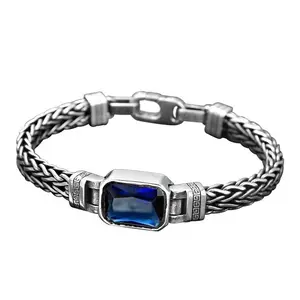 S925 Silver Men’s Braided Bracelet, Retro Oxidized Silver Chain with Blue Sapphire Accent and Geometric Engraved Details for Casual & Formal Wear outdoorfun