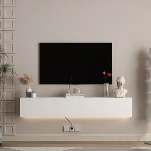 Floating TV Stand Wall Mounted with 16 Color LEDs 69" Modern TV Stand for 55-65 Inch TVs White MDF Material Large Storage Space Wall-Mounting Hardware Included