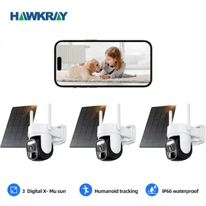 Hawkray 360Solar Security Camera with Spotlight PIR Motion Detection Color Night Vision Two-Way Talk 2K FHD WiFi CCTV IP Security Cam-IP66 Waterproof IR Night Vision Flash Light Connection Wireless 3PC - Card - Remote