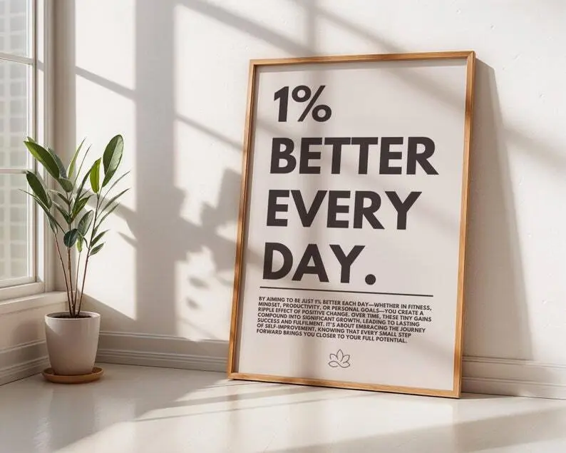 1% Better Every Day Motivational Quote Print - Bordered Paper Multi-Size Wall Art, Modern Minimalist Home Decor Accessory, Positive Vibes Indoor Room Decoration, Ships in Tube