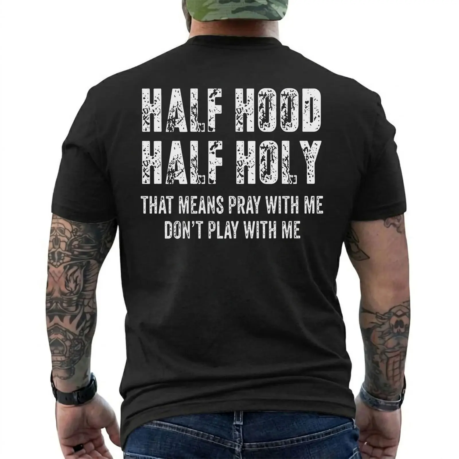 Half Hood Half Holy Shirt, Pray With Me Don't Play With Me Tee, Christian Streetwear T-Shirt, Faith Based Mens Graphic Tee Gift,	Fast Shipping, Short Sleeve Printed Graphic Shirt, Daily Casual Cotton Menswear