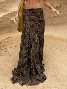 Women's Vintage Walnut Flower Print Bodycon Half-Long Dress, Ethnic Bohemian Style Pleated Mesh Maxi Long Skirt, Perfect for Travel and Daily Dates, Boho Casual Skirt, Boho Skirts