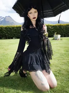 Gothic dark off shoulder lace dress, slim irregular long sleeved short skirt, party style formal ball birthday dress Womenswear