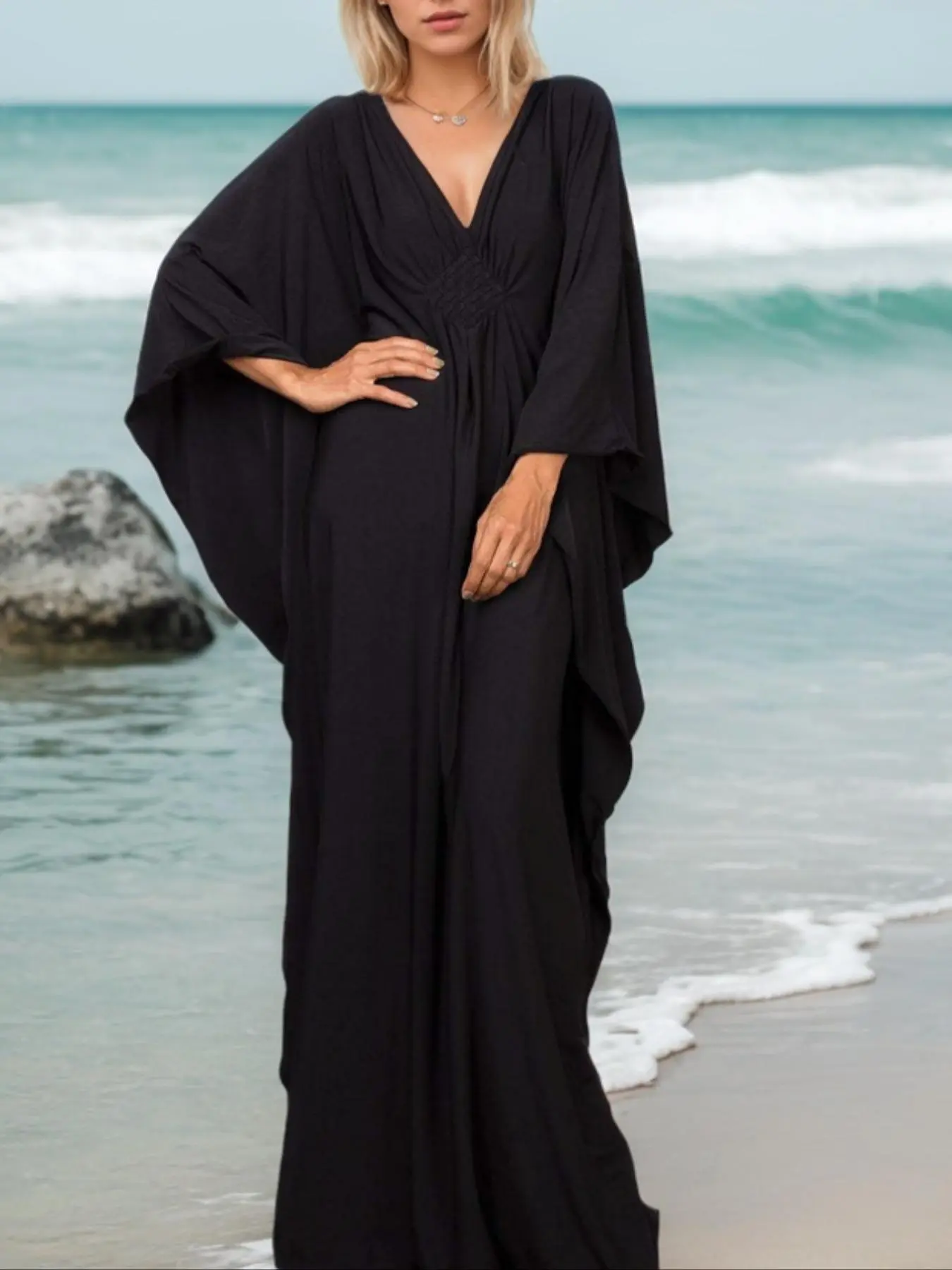 Plus Size Solid Color Batwing Sleeve Dress, Modest V Neck Long Sleeve Dress for Beach Holiday Vacation, Beach Kaftans, Boho Kaftan, Caftan, Women's Islamic Clothing for All Seasons, Batwing Sleeve Kaftan