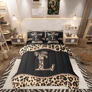 Feelyou Queen Comforter Set - 7-Piece Bedding Collection with Queen Sheet Set, Leopard Print, Bow Initial Letter, Coquette Design, Bed Bag for Teen Girls