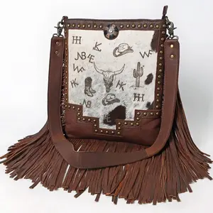 American Darling Branded Western Leather Bag with Fringe and Cowboy Motifs