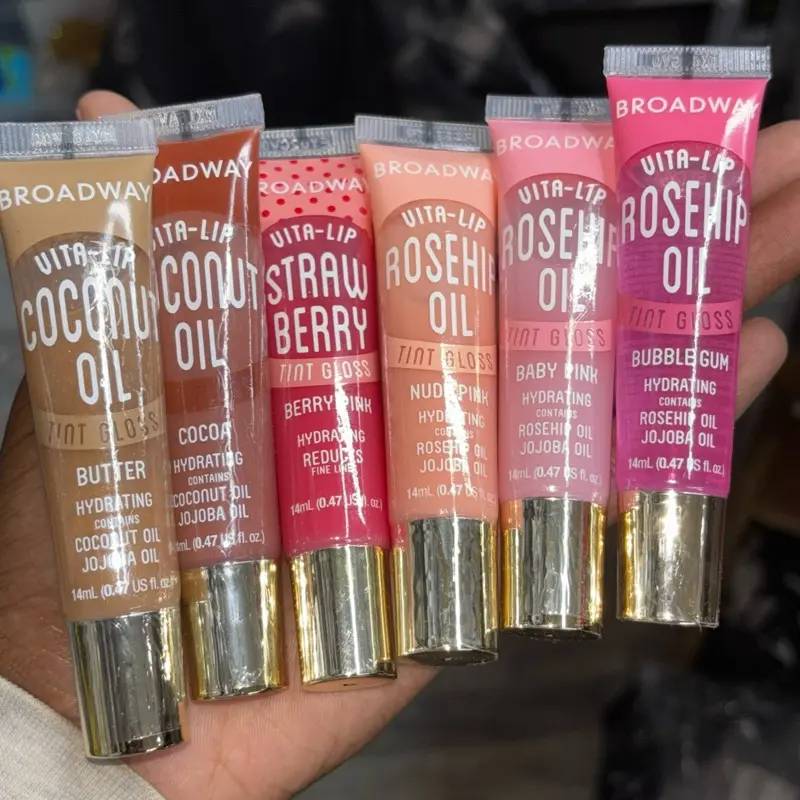 Broadway Beauty 6pcs Tint Lipgloss Vibes - Butter Cocoa Berry Pink Nude Pink Baby Pink Bubble Gum Makeup with Hydrating Rosehip Oil & Jojoba Oil