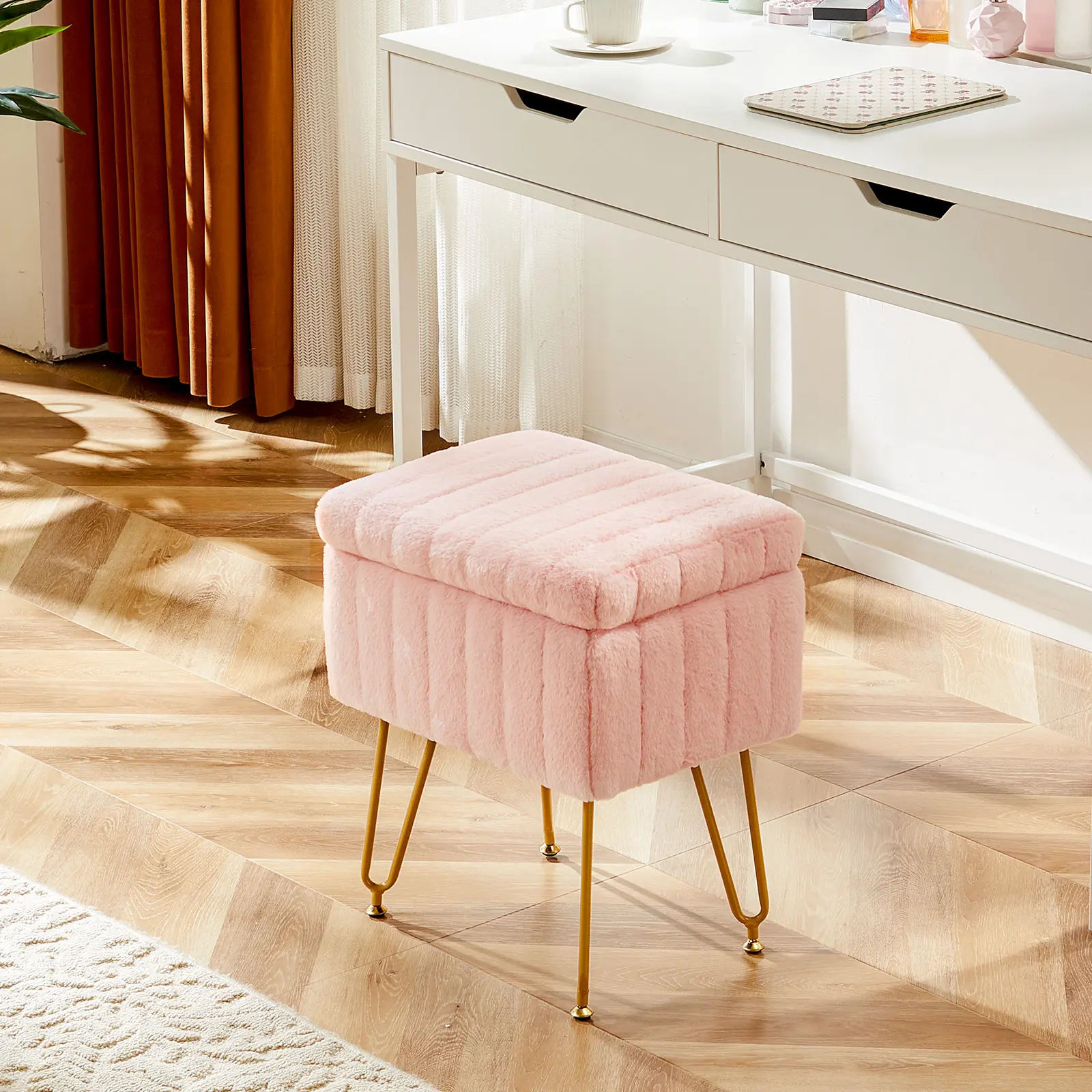 Pink Faux Fur Vanity Stool with Hidden Storage - Adjustable Height & Anti-Slip Feet, Modern Makeup Stool for Bedroom, Living Room & Office