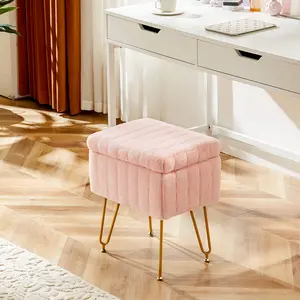 Pink Faux Fur Vanity Stool with Hidden Storage - Adjustable Height & Anti-Slip Feet, Modern Makeup Stool for Bedroom, Living Room & Office