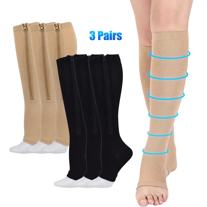 3-Pairs Open Toe Zipper Gradient 15-20 mmHg Knee-High Breathable Nylon Blend Elastic Compression Socks for Hiking, Pregnancy, Sports Use, Athletic Socks