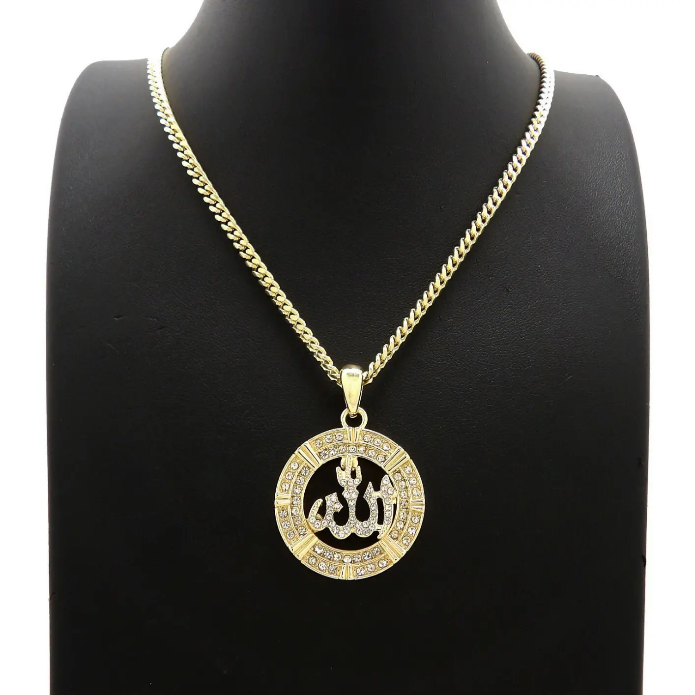 MaxBling81 Allah Motif CZ Embellished Cuban Link Necklace - 4mm Metal-Plated Unisex CZ Initial Letter Chain, 18in/20in/24in Gold Jewelry for Daily Wear, Cz Initial Necklace, Letter Necklace