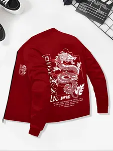Men's Fall Winter Casual Letter Dragon Print Stand Collar Jacket, Business Style Outdoor Sports Coat, Zipper Closure Design