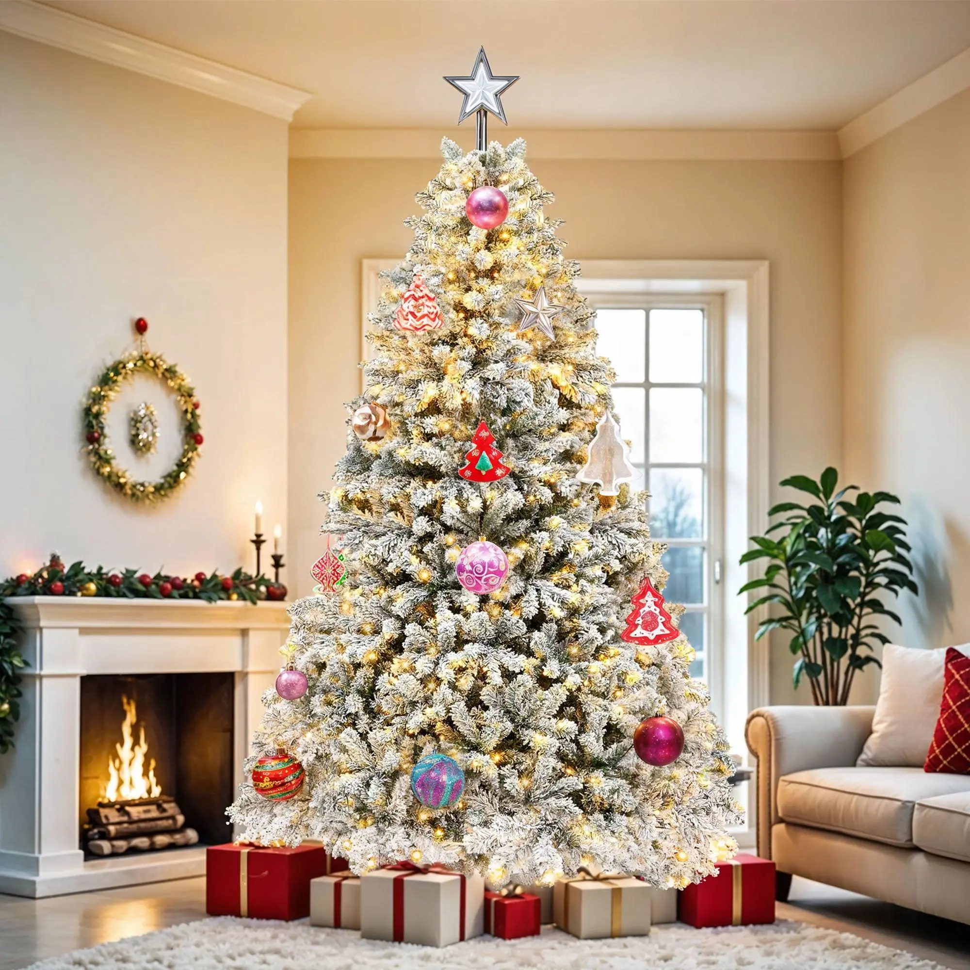 Uforic 6ft Pre-lit Snow Flocked Christmas Tree with 1000 Branch Tips & 250 Lights, Christmas Pine Tree with Remote, 11 Light Modes