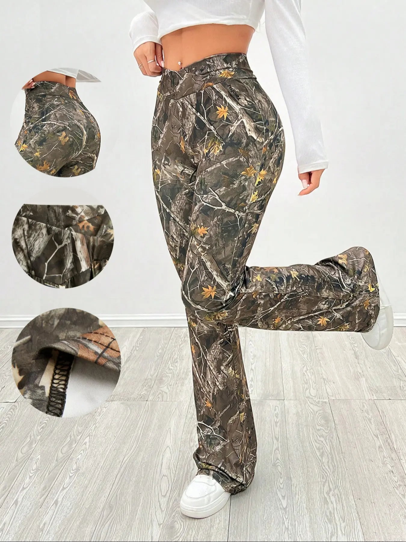 Women's Slim Fit Flared Bell Bottoms Trousers with Cross Waist Design, Comfortable Casual Pants for Everyday Wear, Trendy Camouflage Pattern, Casual Chic Bottoms