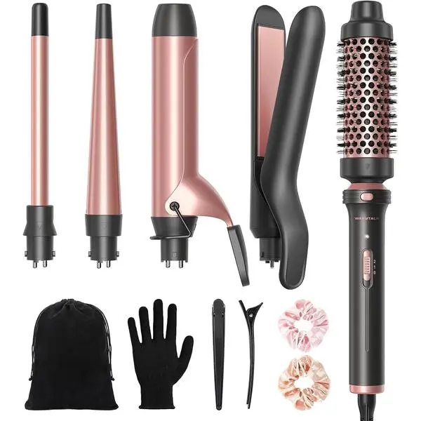 Wavytalk 5 in 1 Curling Iron with Thermal Brush,Flat Iron,Versatile Styling | Interchangeable Curling Iron Set(0.5”-1.25"), Ceramic Curling Iron, Less Damage, Fast Heating Wand Curling Iron, Dual Voltage Straightener