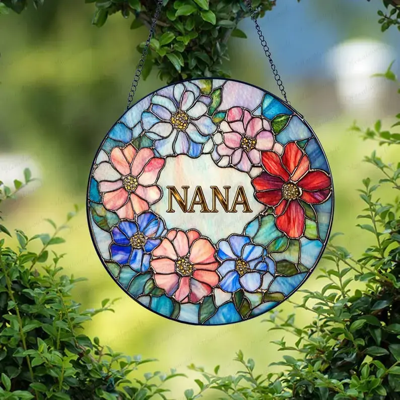 Personalized Nana/GiGi Glass Suncatcher, Gifts for Grandma from Grandkids, Floral Nana Gift, Grandson to Nana Gigi Grandma Ornament