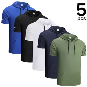 Men's Solid Color Sports Hooded Short Sleeve with Elastic Drawstring Breathable Mesh Kangaroo Pocket & Reflective Strips for Summer Sports & Commuting Wear