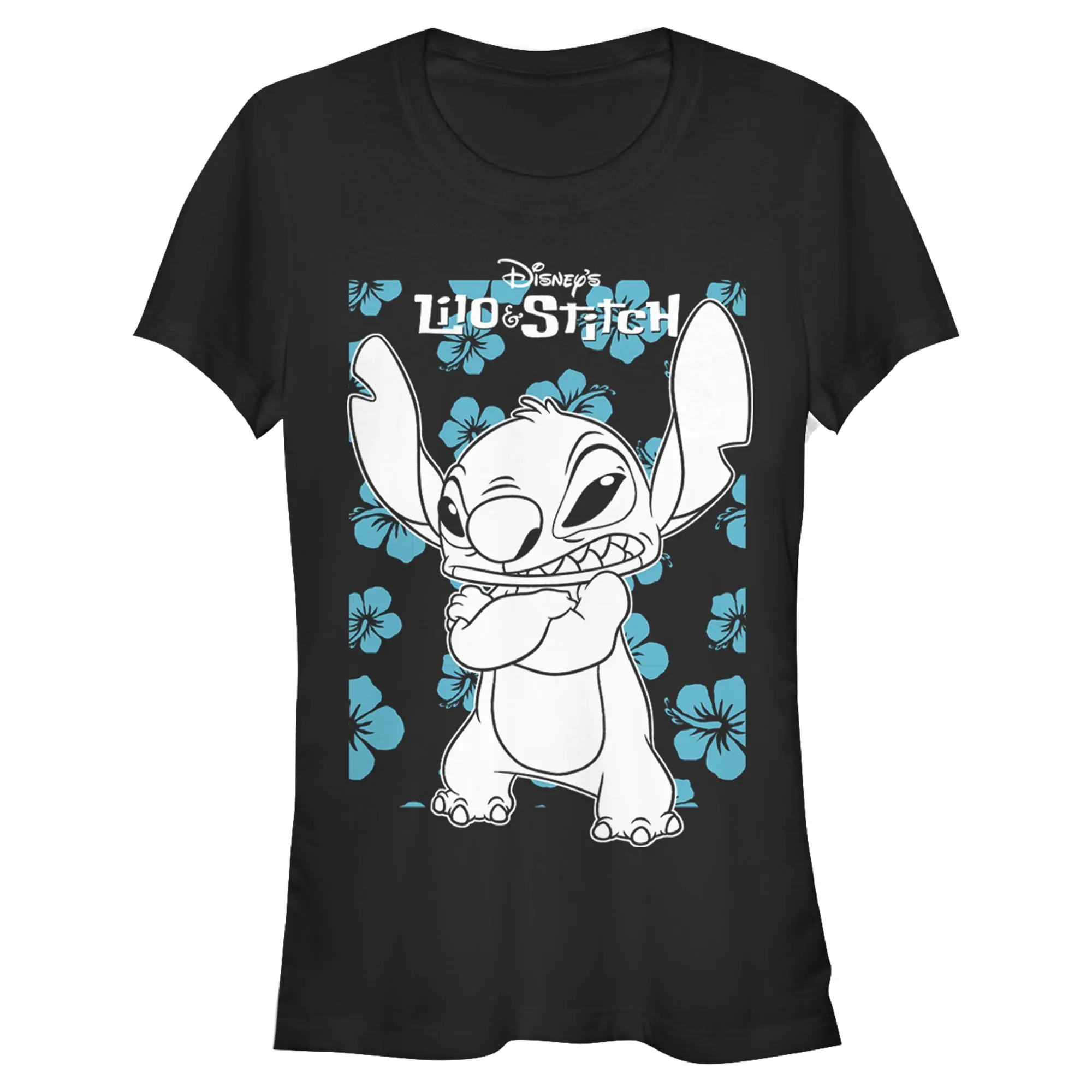 Juniors Womens Lilo & Stitch Grumpy Blue Flowers T Shirt