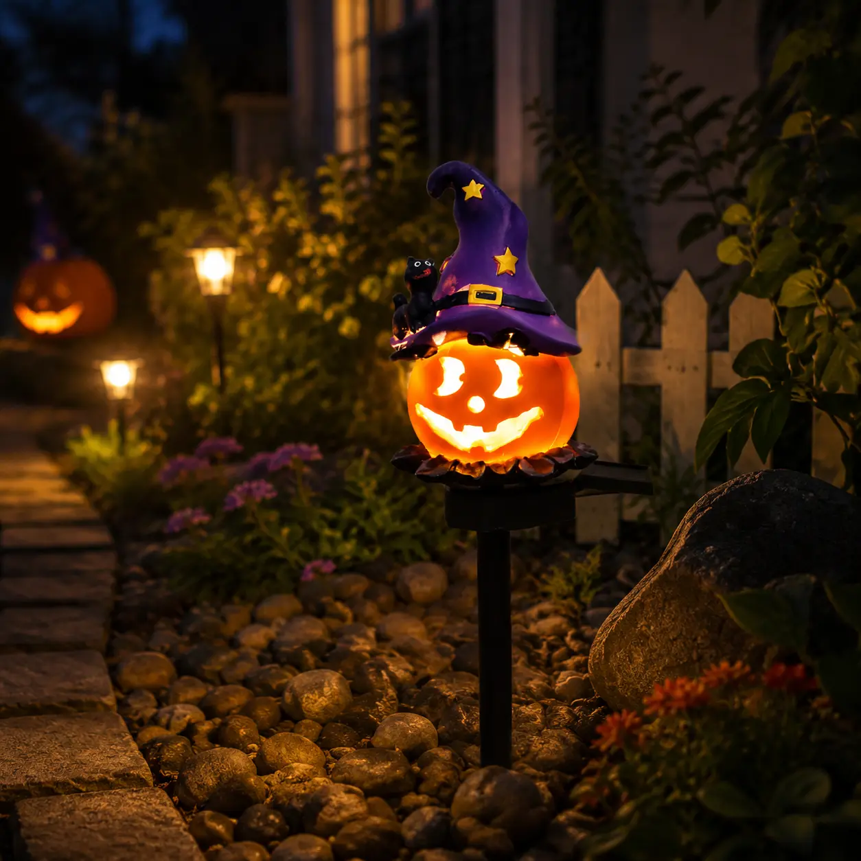 Solar Wizards Solar-Powered Pumpkin Ground Stake Light - Halloween Outdoor Decor with Witch Hat, Jack O' Lantern, Black Cat, Automatic On/Off LED Glow for Garden, Patio, Night Illumination, Solar Outdoor Lights