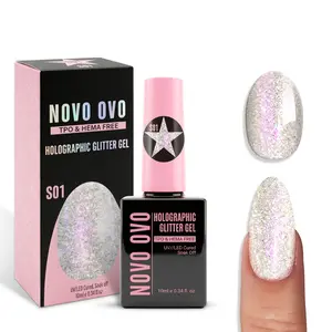 NOVO OVO Holographic Glitter Gel Nail Polish, S01 Silver Stardust (Crushed Diamond), TPO & HEMA Free, Sparkly Reflective  Flash Varnish, Soak Off UV LED Manicure for DIY Nail Art & Salon 10ml
