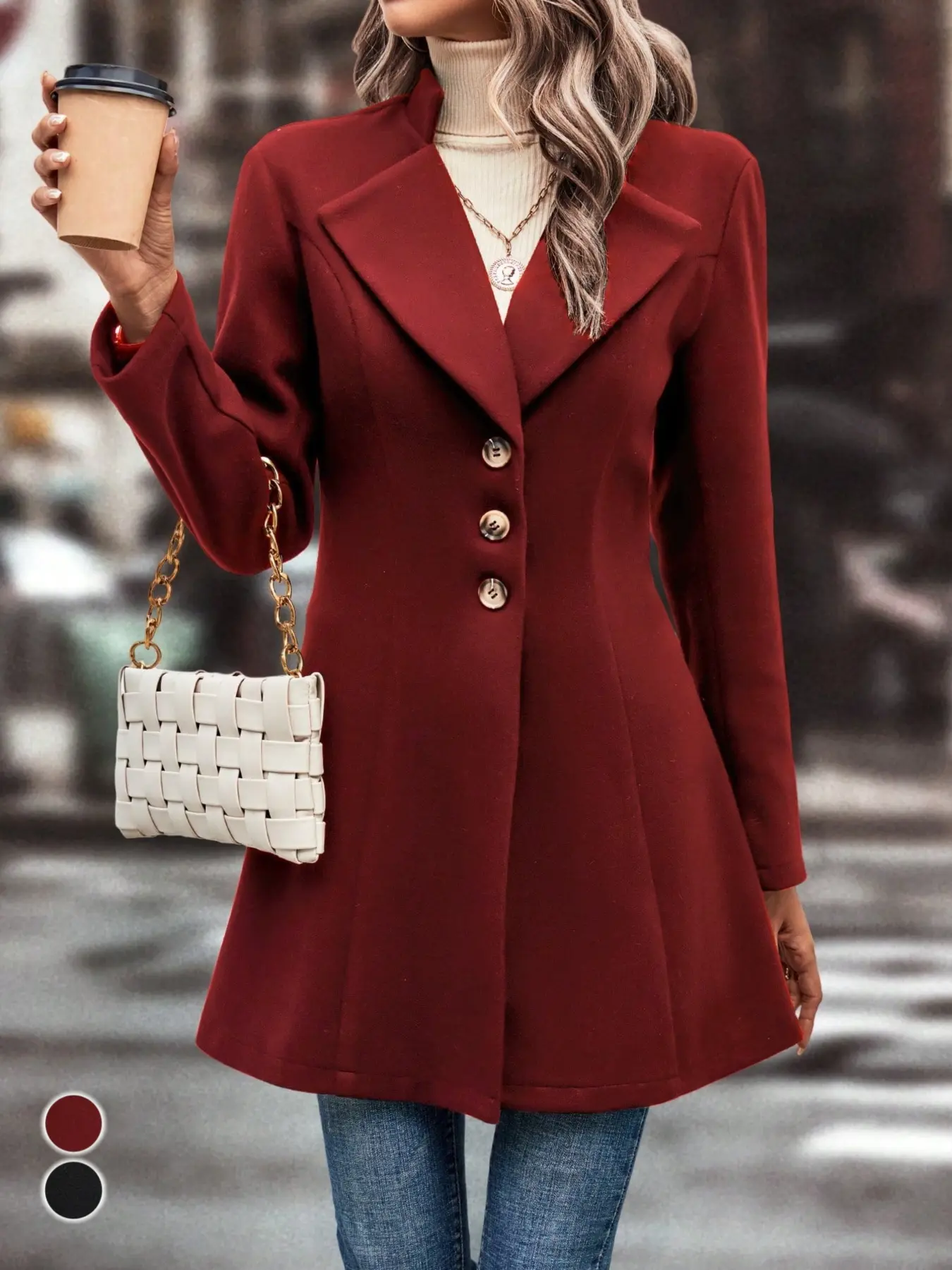 Elegant Fitted Single-Breasted Women's Blazer Jacket, Casual Solid Color Lapel Woolen Coat, Chic Long Sleeve Outerwear for All Seasons