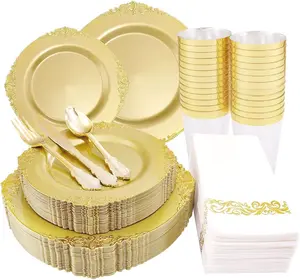 175 count Solid  Plastic Plates with  Rimgold disposable dinnerware sets Include 25 Dinner Plates,25 Dessert Plates,25 Cutlery Sets,25 Napkins  for Party & Thanksgiving