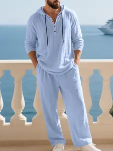 Men's Linen Casual Set Spring & Fall, Loose-Fit Hooded Henry Shirt Long Sleeve Pants, Comfortable Fashion for Daily Wear