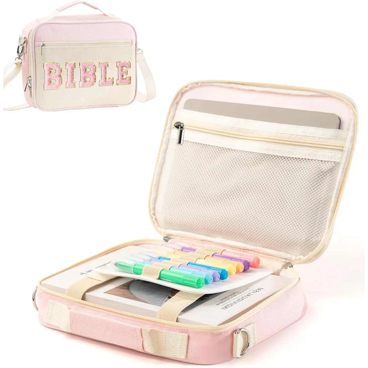 BLBLE Polyester Chic Personalized Bible Cover Case with Embroidered Large Chenille Letter, Pink Church Storage Bag with Shoulder Strap for Easy Carrying, Fits Most Standard-Sized Volumes for Bible Study, Embroidered Chenille Letter