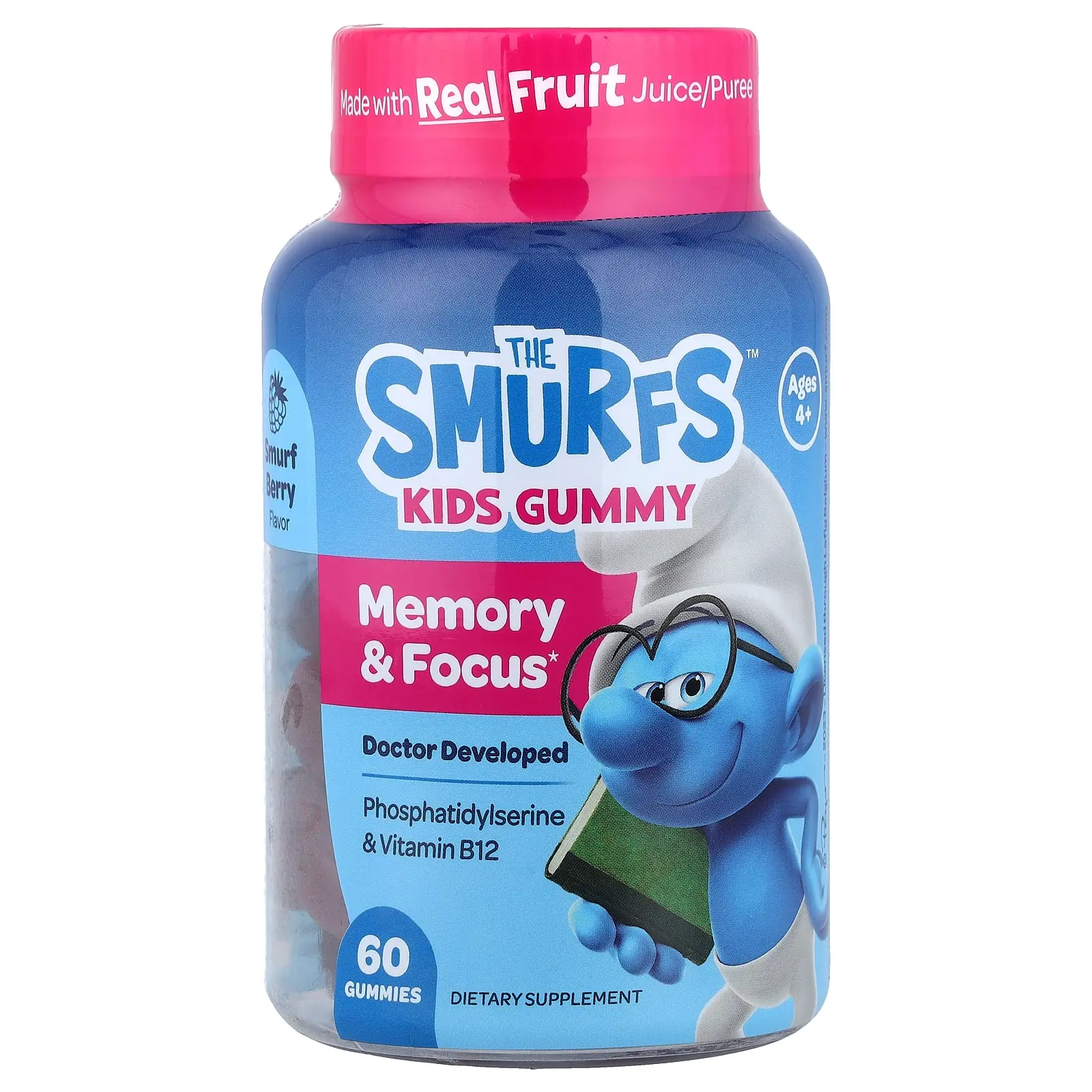 The Smurfs Kids Gummy, Memory & Focus, Ages 4+, Smurf Berry, 60 Gummies
