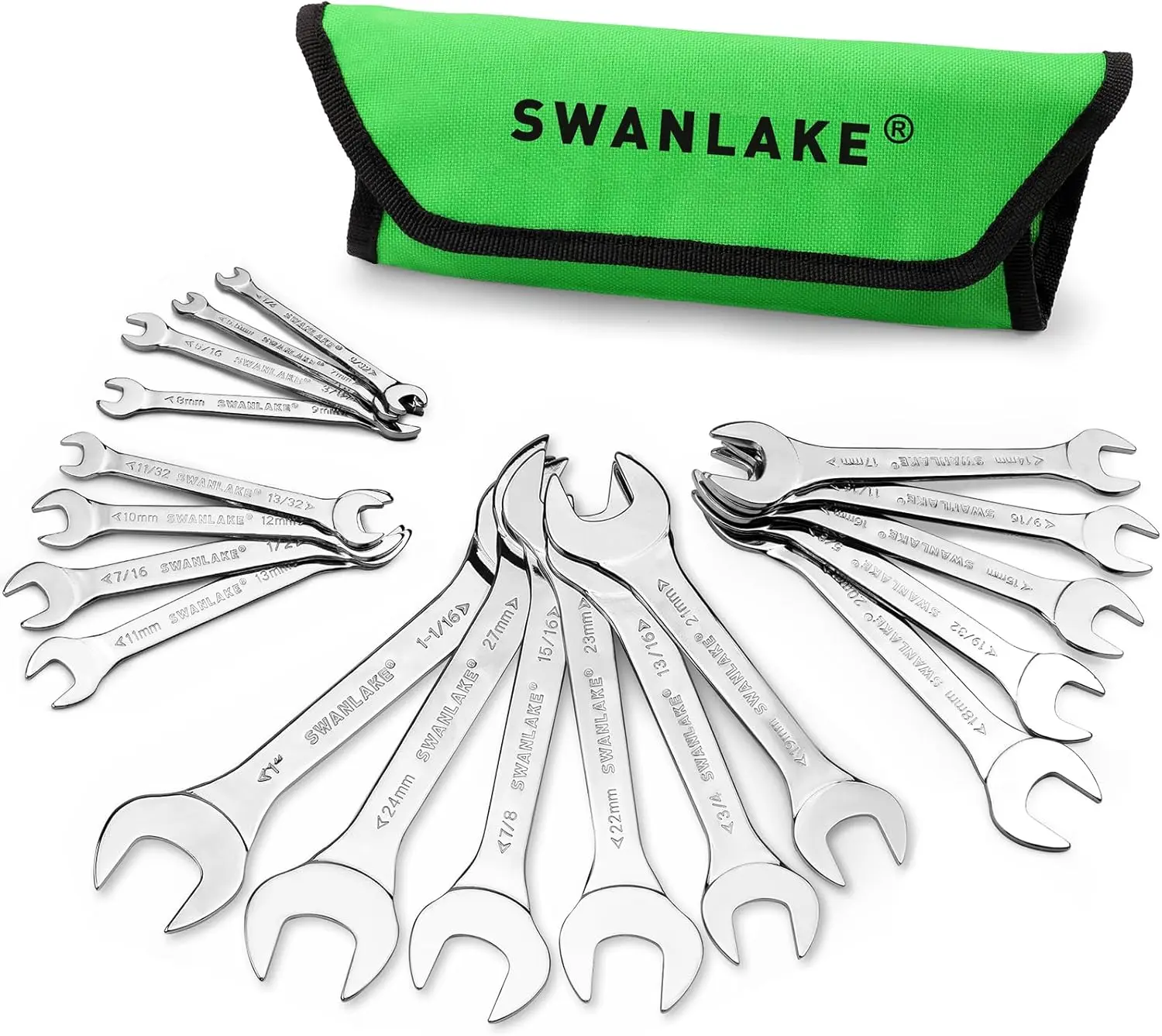 SWANLAKE 19Pcs Multifunctional Super-Thin Open End Wrench Set, Carbon Steel SAE & Metric Slim Spanners (1/4"-1-1/16" & 5.5mm-27mm) with Rolling Bag, Tools for Mechanics, Auto Repair Double End Bag
