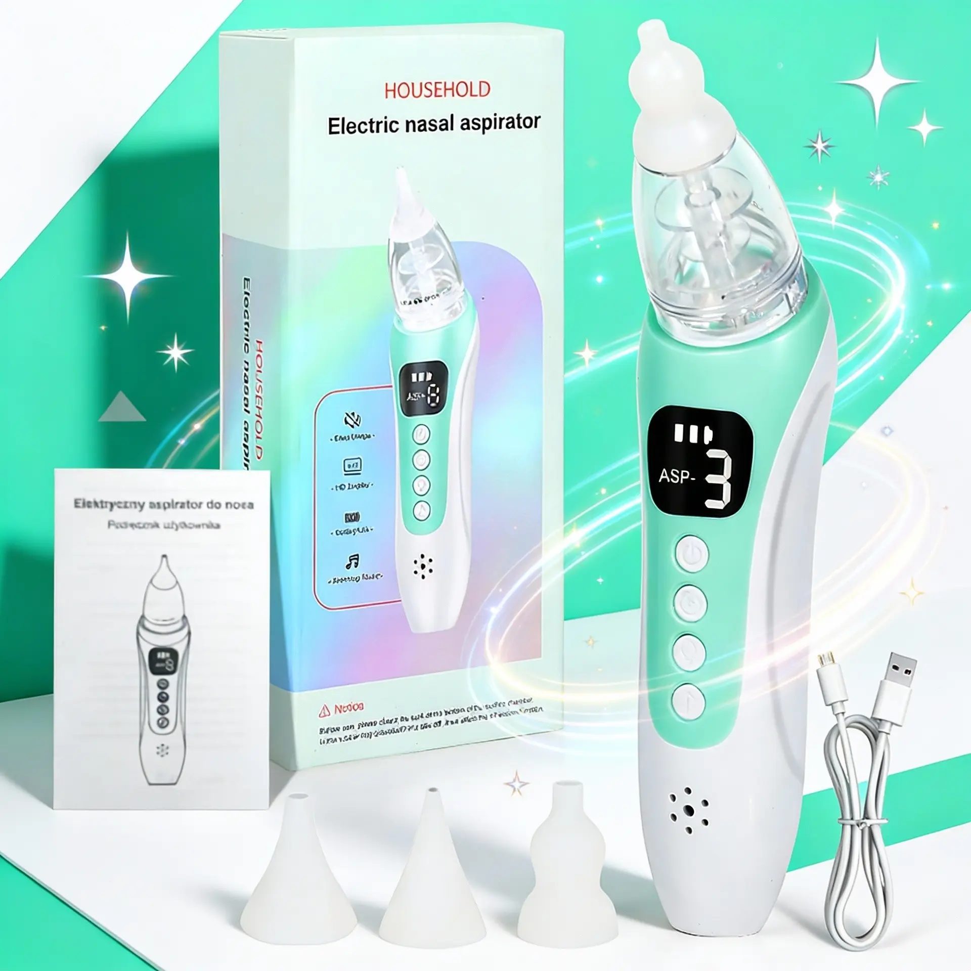 Electric Nasal Aspirator Household Nose Cleaner with Music Lights, Music Function, USB Rechargeable 400mah Battery, Convenient Charging, Three Adjustable Modes, Adjustable Suction Force, Includes Three Silicone Heads