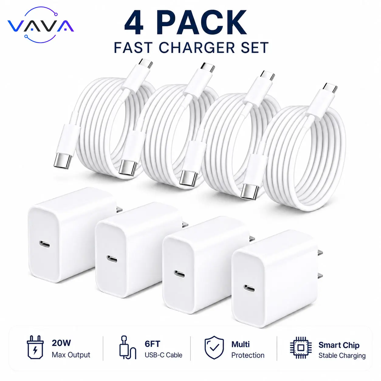 USB C Fast Charger 4-Pack 20W Block with 6FT USB C to C Cable for iPhone 17 16 15, Samsung Galaxy, iPad, Pixel, Android - Type C Charger Adapter Wall Plug Set, Universal USB-C Charging Station