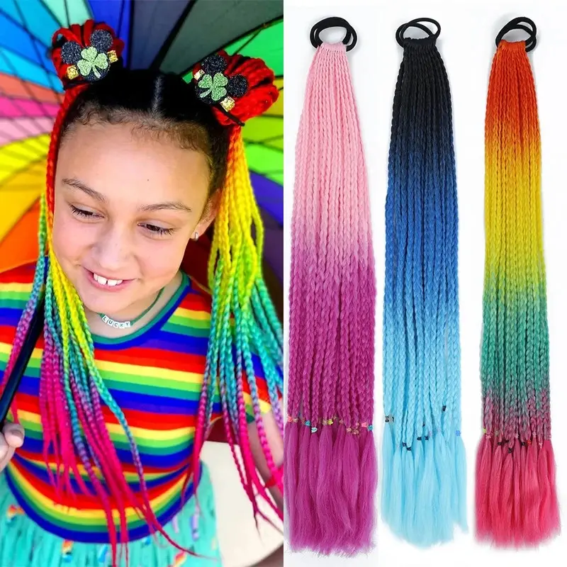 New Synthetic Gradient Color Dirty Braided Ponytail Extensions With Elastic Band 24" Rainbow Braid Pony Tail Hairpiece For Girl