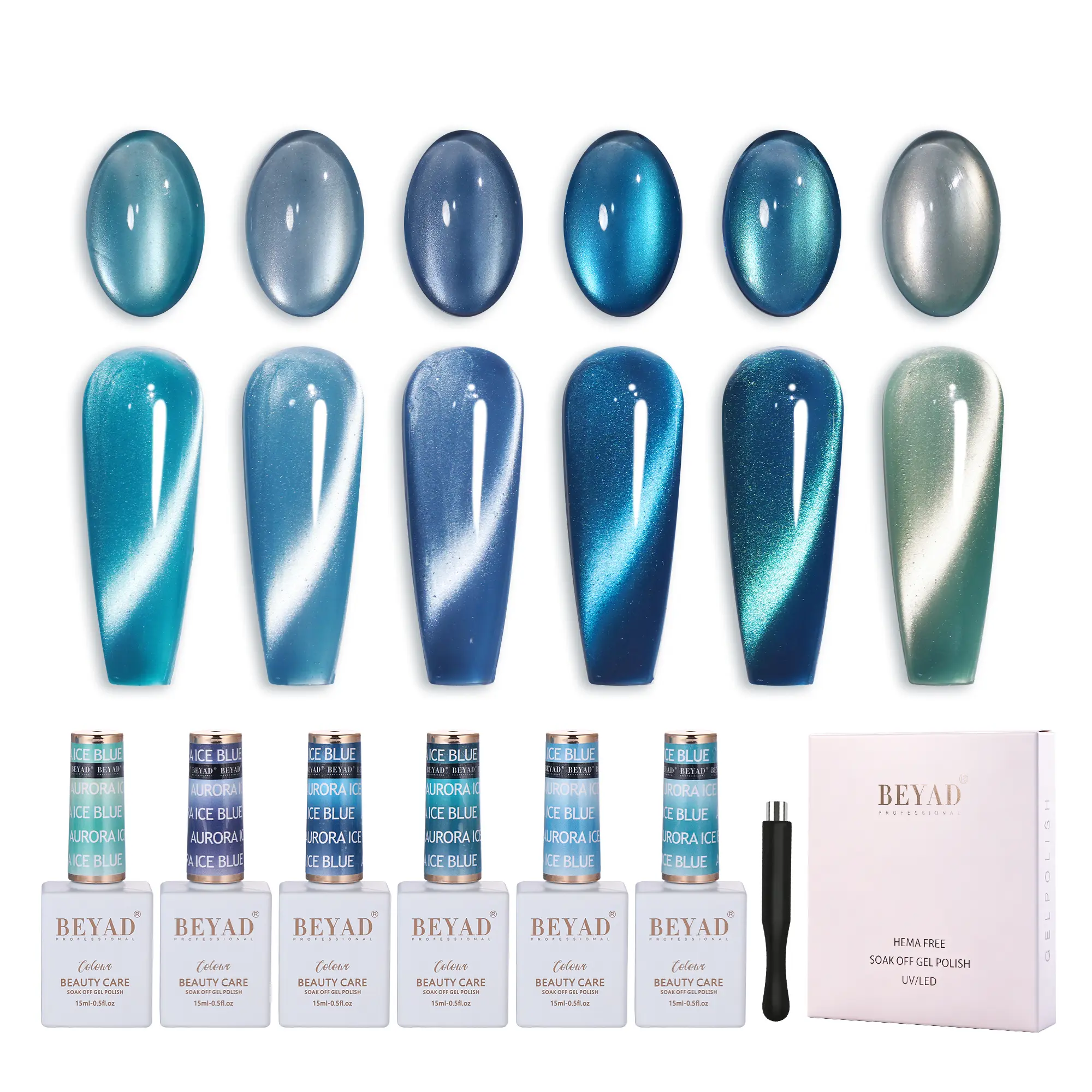 Beyad Luxury Ice Blue Cat Eye Jelly Gel Polish Multi-Pack - 6 Translucent Glossy Glitter Self-Leveling Magnetic Polishes with Free Magnet for Nail Care, Gel Nails at Home, Manicure at Home, Glossy Nails