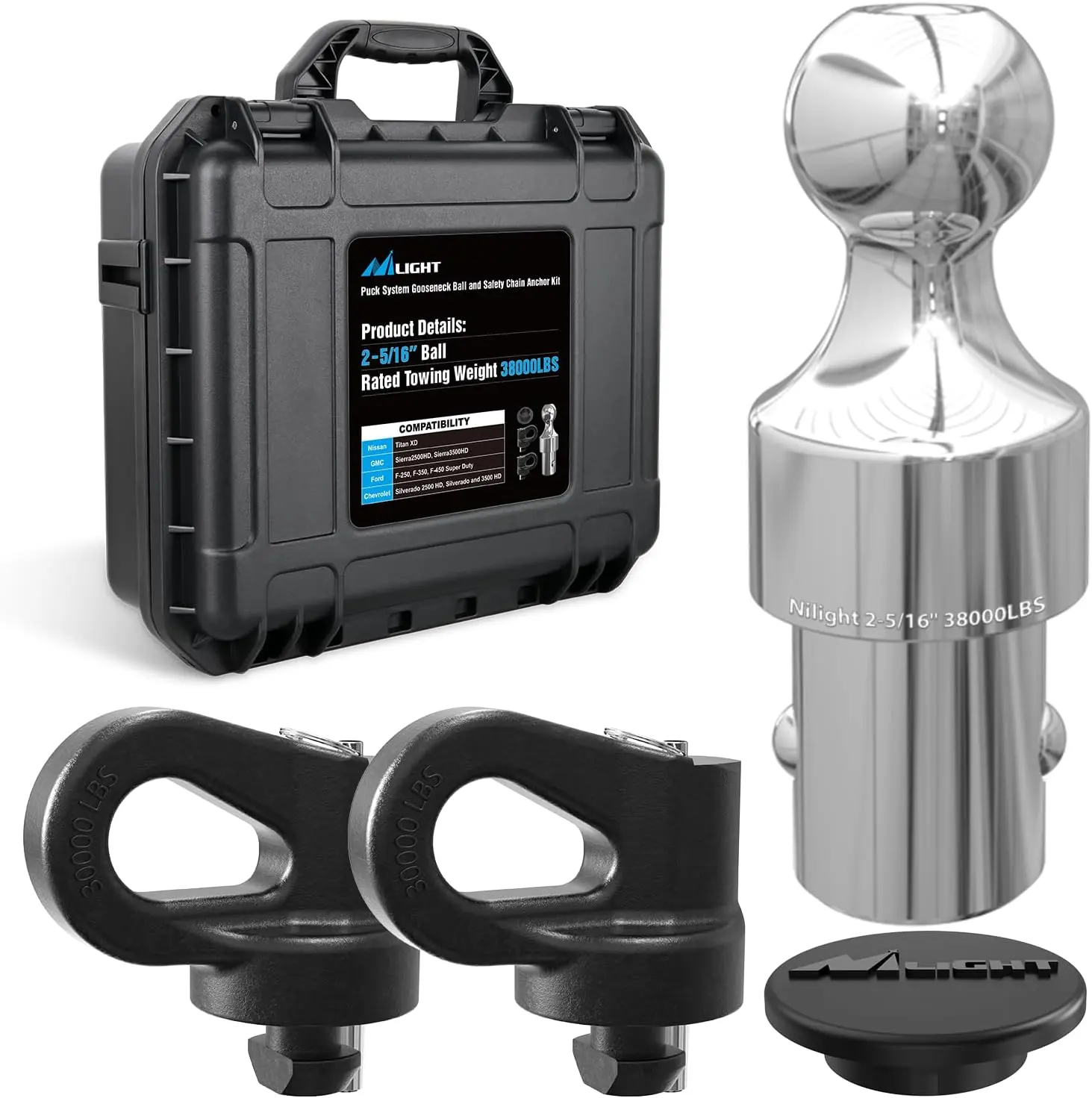 Nilight Puck System Gooseneck Hitch Kit (60692) for 2016-2025 Chevy Silverado & GMC Sierra & Nissan Titan XD, 2013-2025 Ford F250 F350 F450, 2-5/16" Ball and Chain Anchor w/Storage Box Truck Stuff Parts, Vehicle