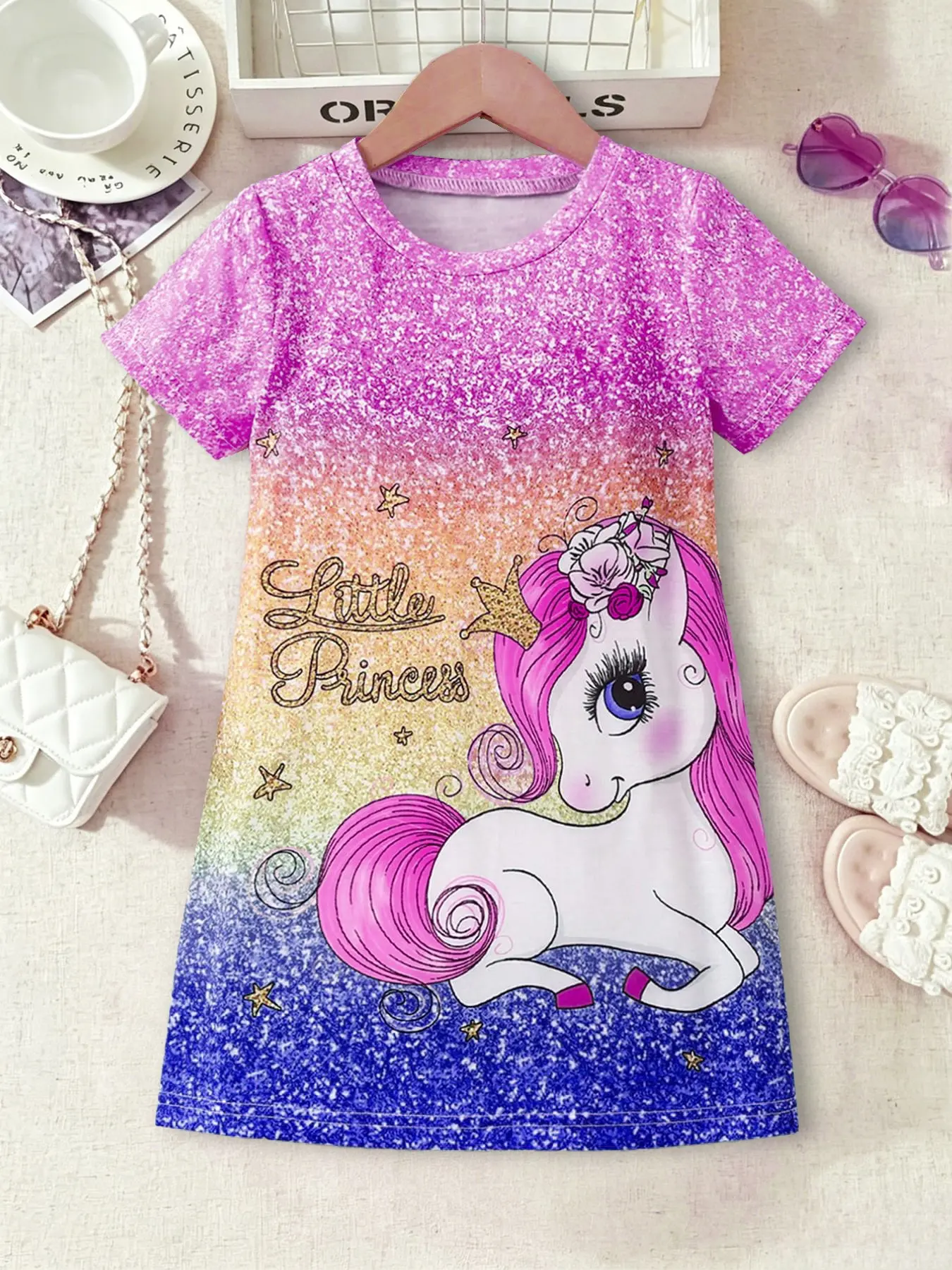 Summer Single Piece Short Sleeve Princess Dress, summer printed dress, Cute Cartoon Unicorn Print, Curly Hair with Flower Headband, Summer Cute Dresses