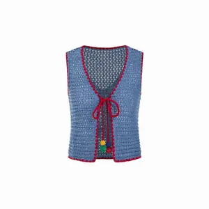 Cider Knit Crochet V-Neck Colorblock Tie Front Bow Oversized Vest Dealsforyou
