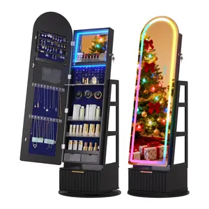Dystler Arched Jewelry Cabinet with RGB Full-Length Mirror, 360° Swivel Standing Jewelry Armoire with Shelves & Drawer, Lockable Jewelry Organizers and Storage with Remote Control, Black